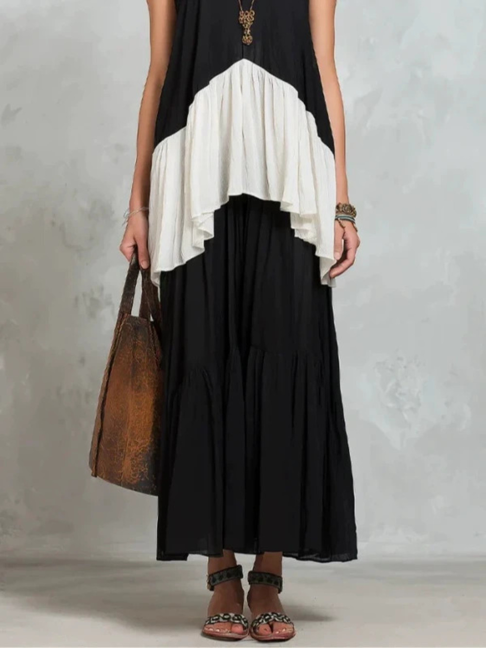 Retro Colorblock V Neck Sleeveless Patchwork Top Long Swing Skirt Casual 2pc Set